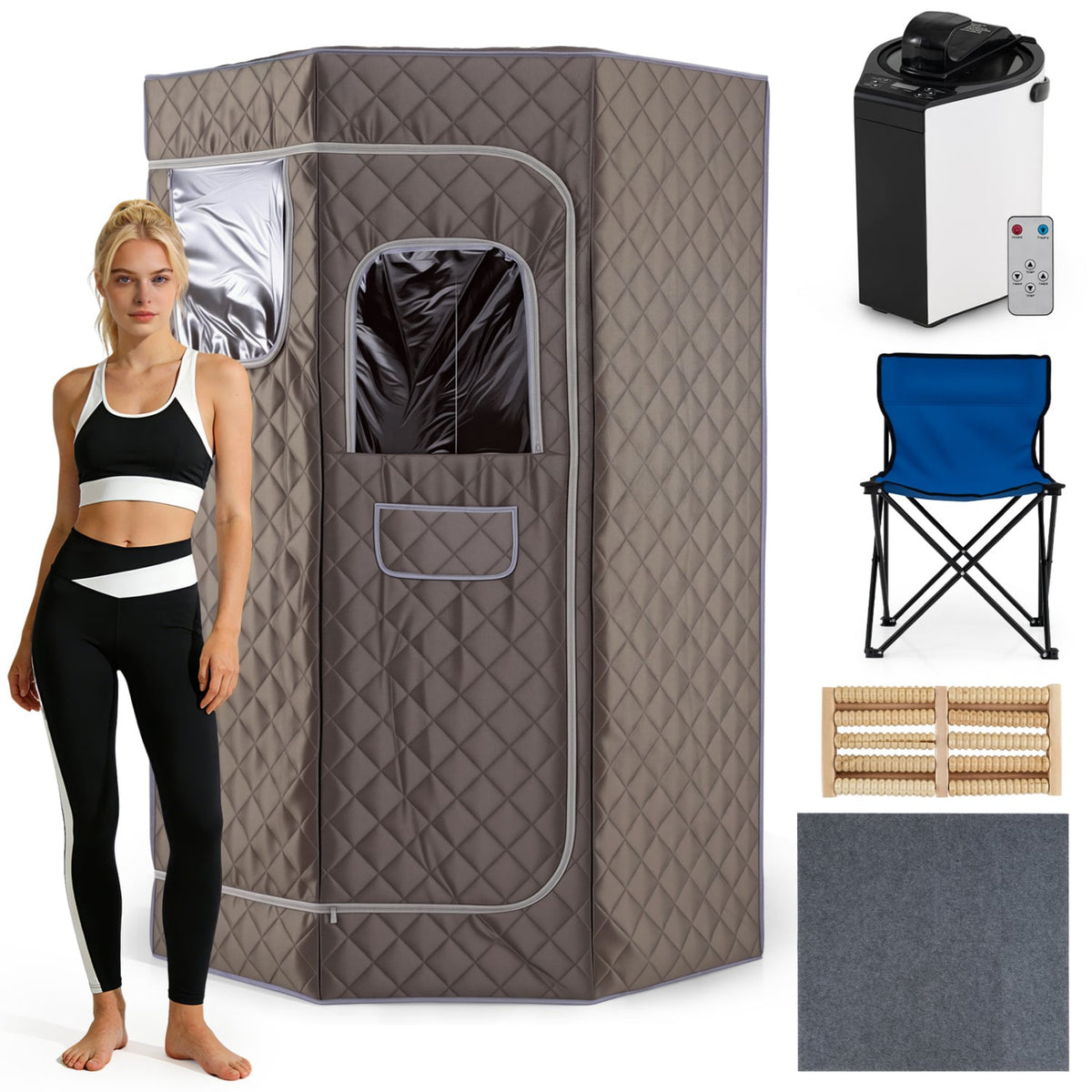3L Portable Steam Sauna for Home Fast-Heat with 9-Level Remote Control and Folding Chair-Gray view 2