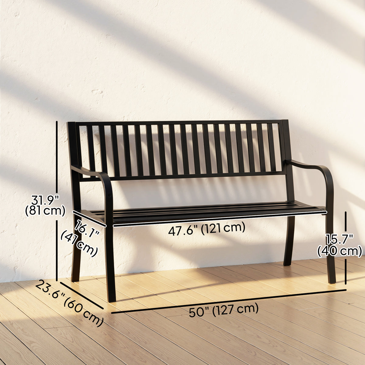 50" Steel Garden Bench Patio Metal Backyard Park Chair Outdoor Seat Furniture, Black
