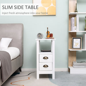 Slim End Table with 2 Drawers and Storage Shelf, Sofa Side Table for Living Room, Narrow Nightstand, White