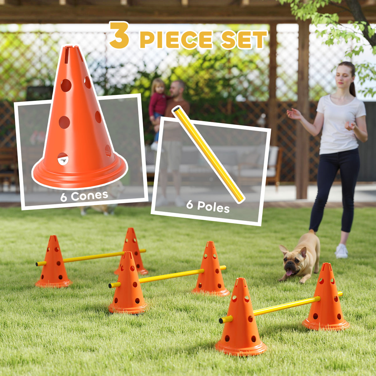 Dog Agility Hurdle Cone Set, Adjustable Obstacle Course Equipment with 6 Cones & 6 Poles, Carry Bag, Orange