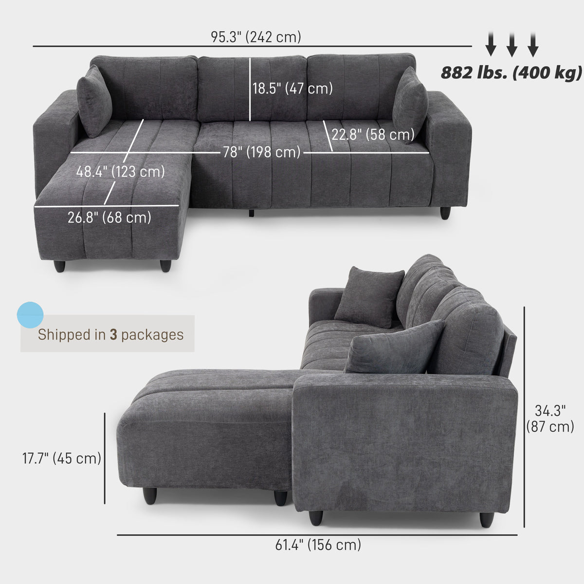 Sectional Couch with Integrated Seat, 3 Seater L-Shaped Sofa with Changeable Chaise, Spring Cushion – view 9