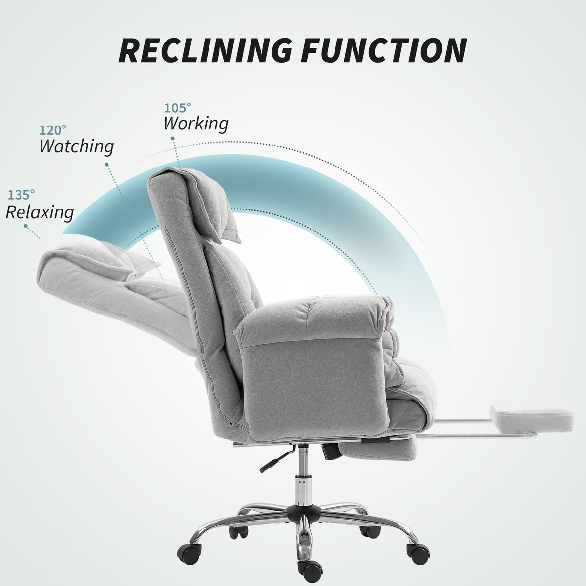 High Back Office Chair, Reclining Desk Chair with Footrest, Swivel Base, Rolling Wheels, Light Grey