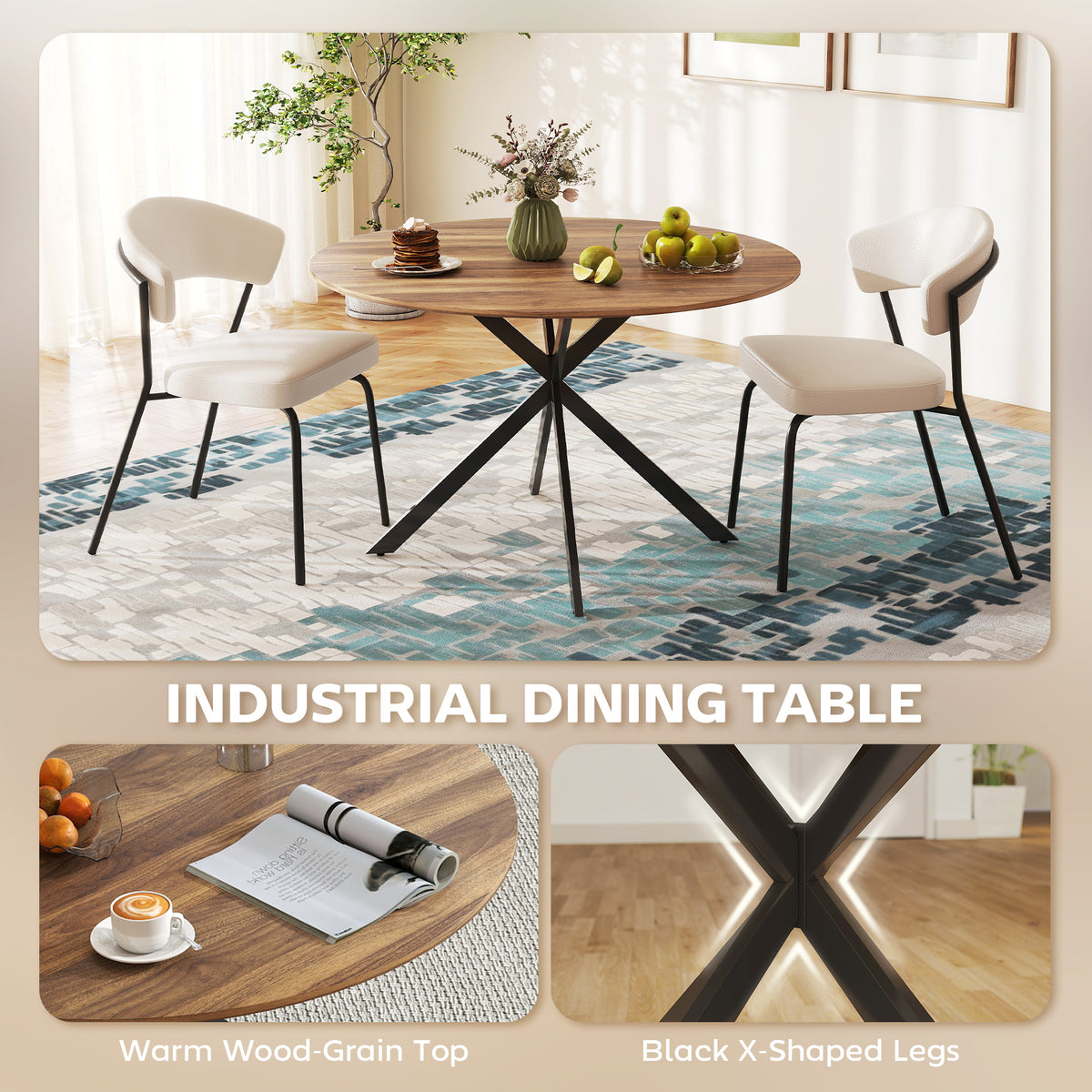 47" Round Kitchen Table for 4, Industrial Dining Table with Steel Legs for Dining Room, Dark Brown and Black