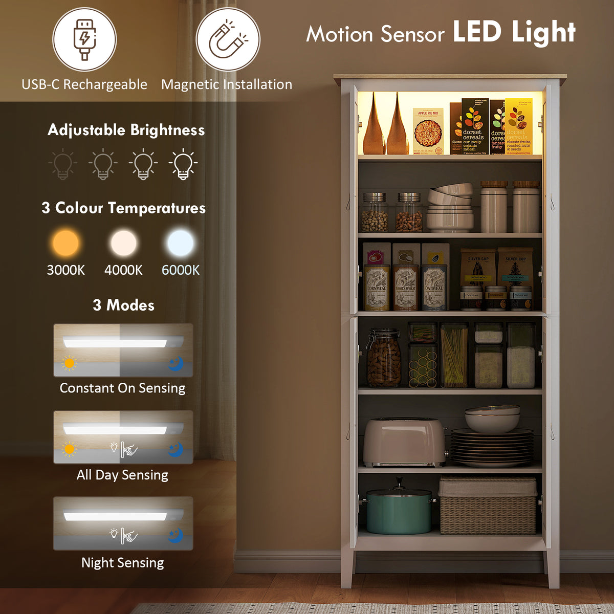69.5" Tall Kitchen Pantry Storage Cabinet with Motion Sensor LED Light, Modern Kitchen Pantry Cabinet, Green – view 10