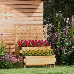 Raised Garden Bed with Trellis, 2 Tier Wooden Elevated Planter Box, for Vegetables, Flowers, Herbs, Natural