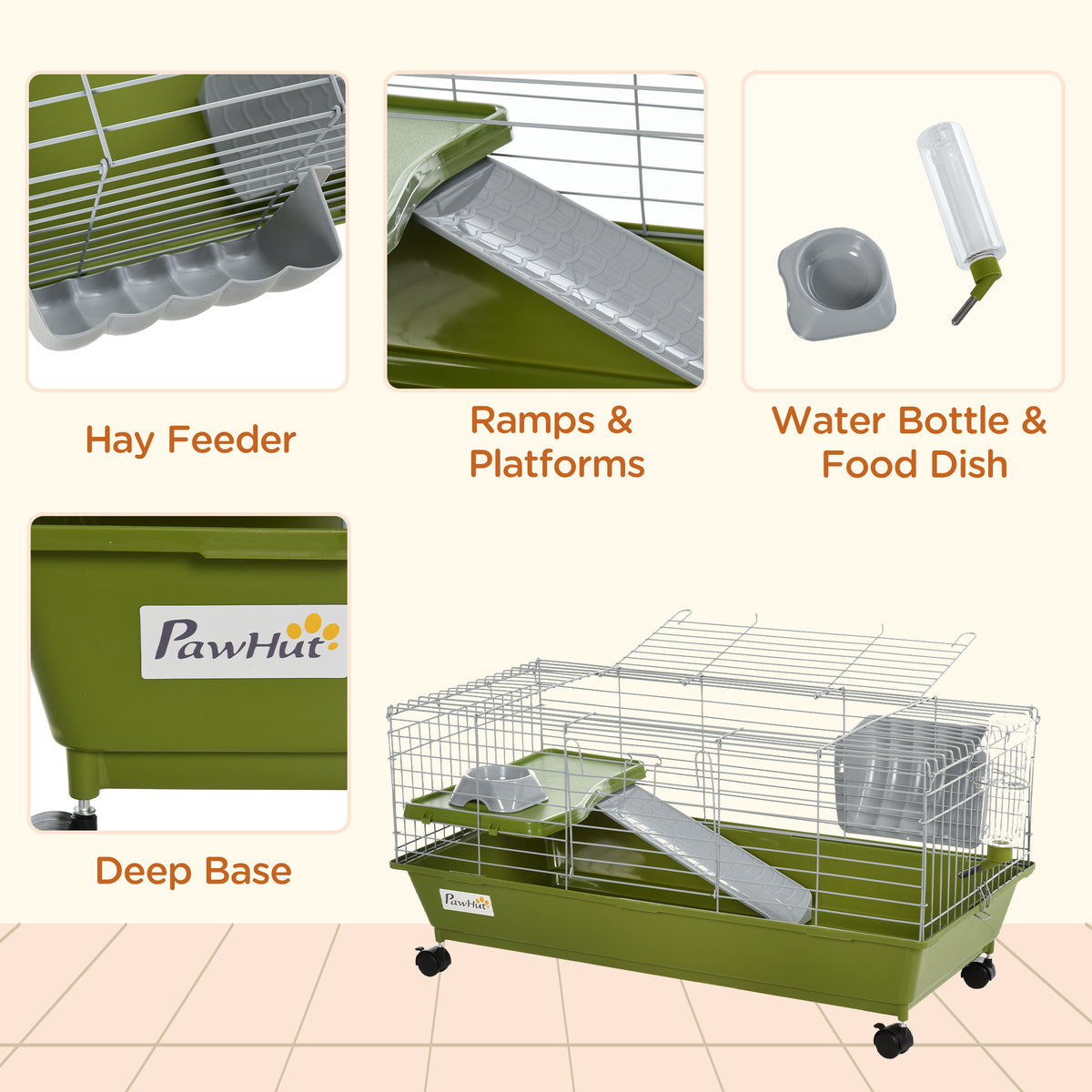 Small Animal Cage, Rolling Bunny Cage, Guinea Pig Cage with Food Dish, Water Bottle, Hay Feeder, Platform – view 12