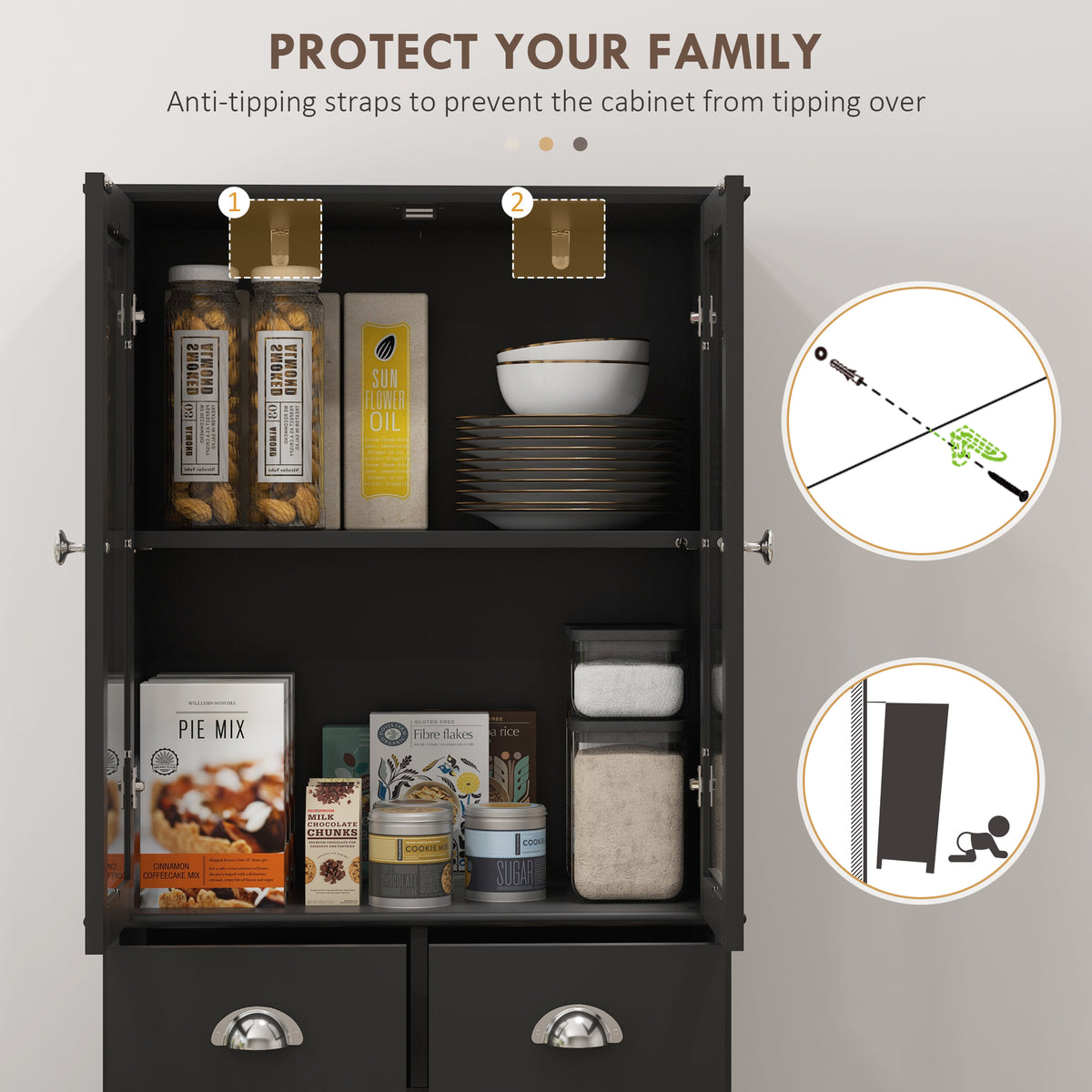 61" Kitchen Pantry Cabinet, Freestanding Farmhouse Buffet Storage Cabinet with Soft Close Glass Doors and – view 6