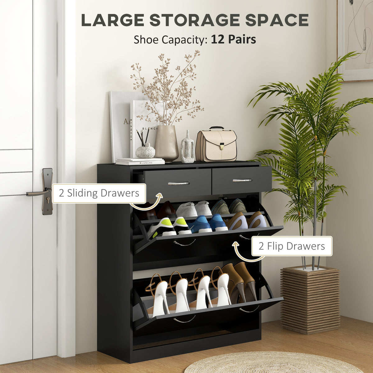 Narrow Shoe Storage with 2 Flip Drawers and Adjustable Shelves Shoe Cabinet Organizer for 12 Pairs of – view 3