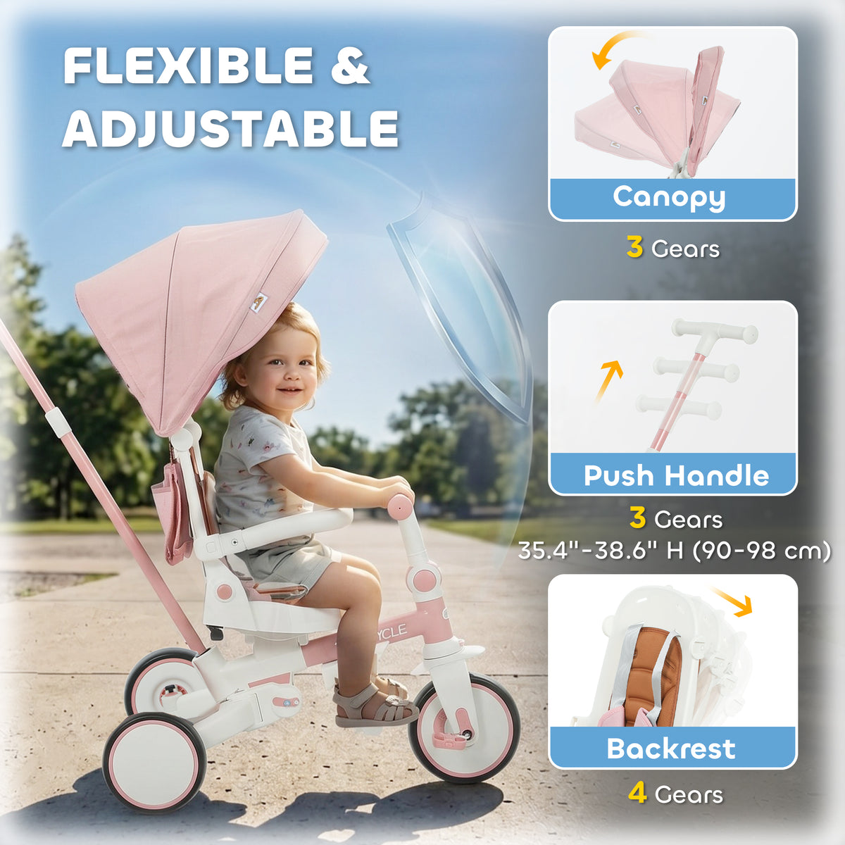 Qaba 7 in 1 Toddler Tricycle with Safety Harness, Adjustable & Removable Parent Handle, Canopy, Storage Bag, Brake, Pink