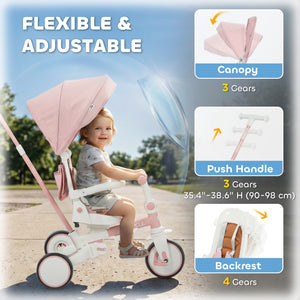 Qaba 7 in 1 Toddler Tricycle with Safety Harness, Adjustable & Removable Parent Handle, Canopy, Storage Bag, Brake, Pink