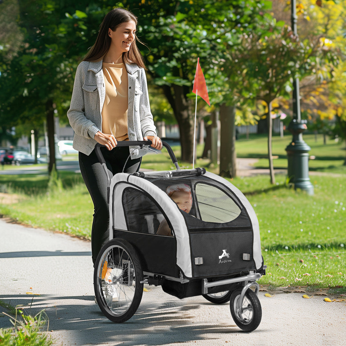 Aosom 2-in-1 Bike Trailer for Kids, Foldable 2-Seat Baby Stroller with 5-Point Harness, Rubber Wheels, Storage Bag