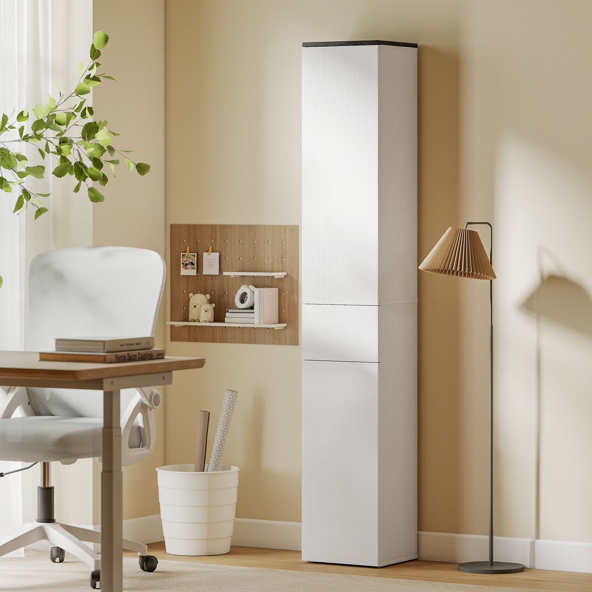 Tall Bathroom Cabinet with 2 Cupboards and Drawer, Slim Bathroom Storage Cabinet with Adjustable Shelves, White