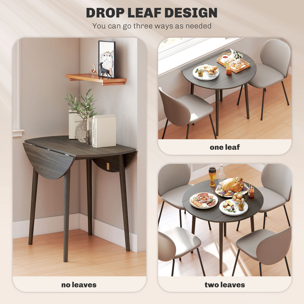 Folding Dining Table, Round Drop Leaf Kitchen Table for Small Spaces with Wood Legs, Oak – view 24