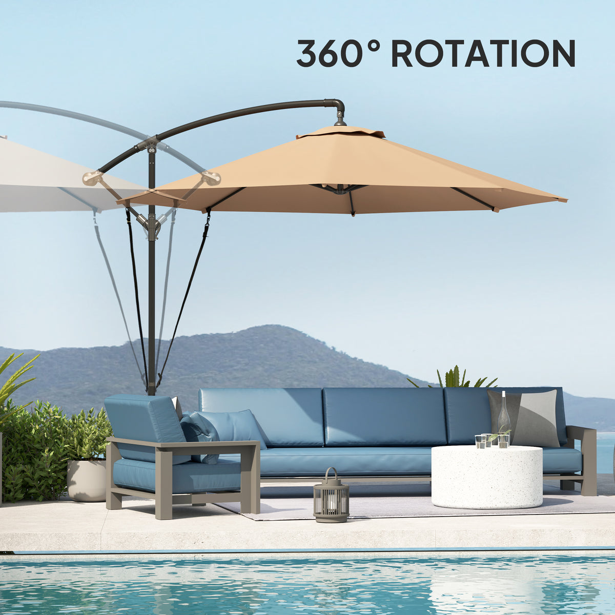 9.5' Cantilever Umbrella with Wind Protection Strap and Cover, Hanging Umbrella with Crank and Cross Base, UPF 50+, Grey
