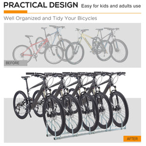 5-Bike Bicycle Floor Parking Rack Cycling Storage Stand Ground Mount Garage Organizer for Indoor and Outdoor Use Silver