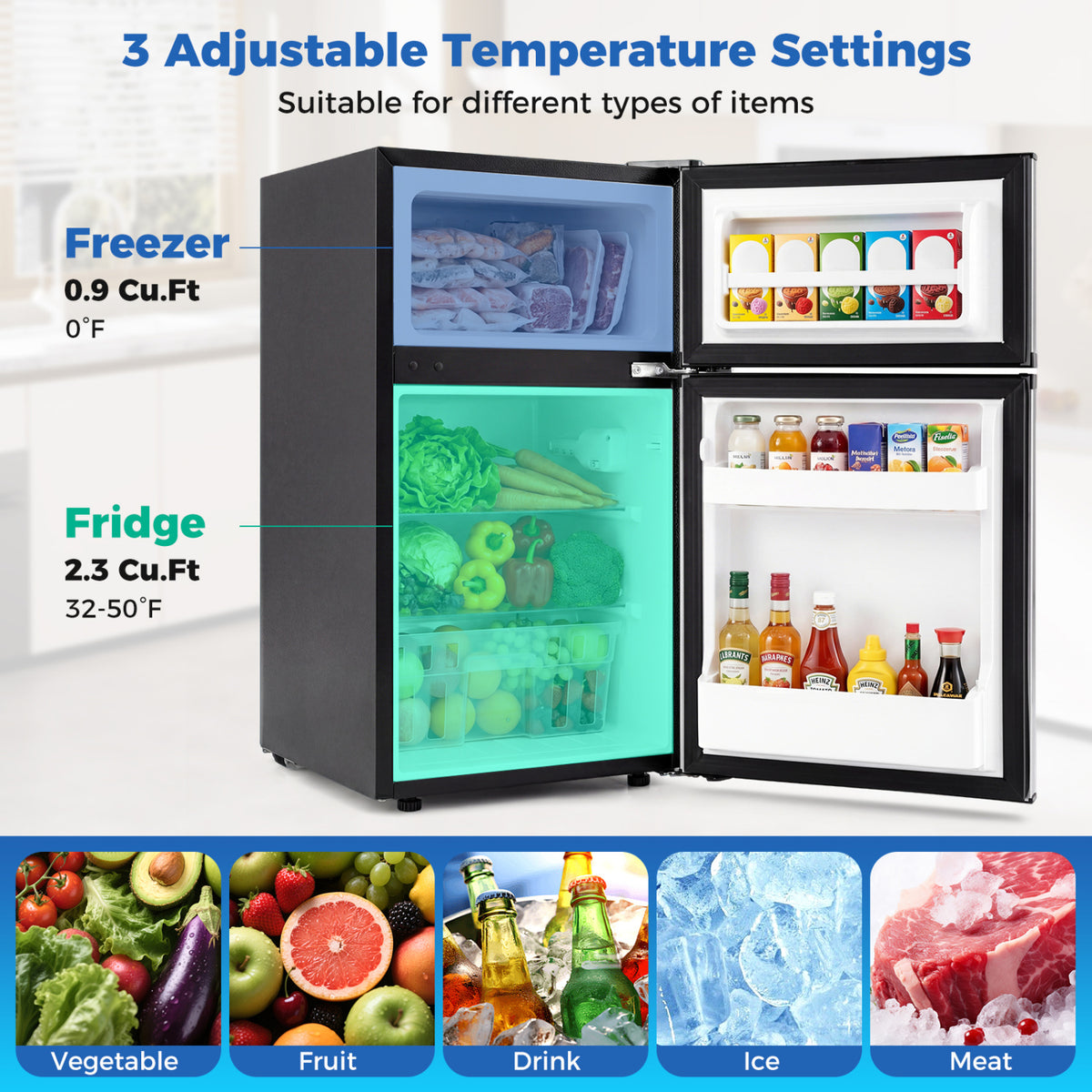 3.2 Cu.Ft Mini Fridge with Freezer Double Door Small Refrigerator with Adjustable Thermostat-Silver view 5