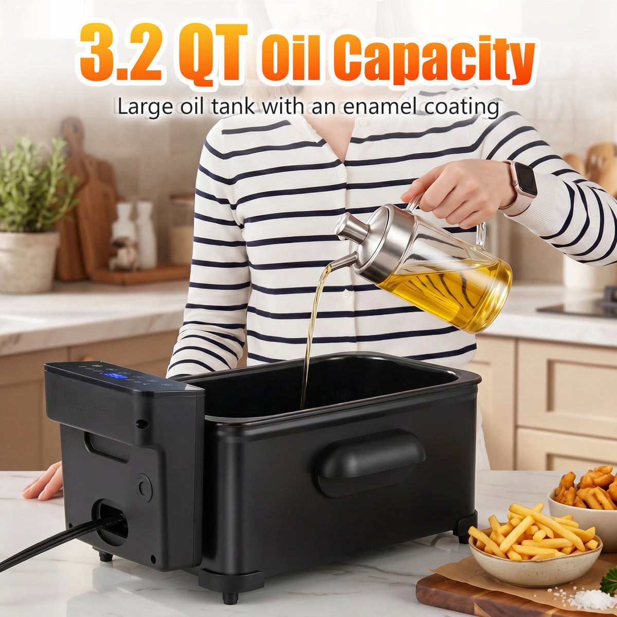 3.2-Qt Electric Deep Fryer with 1700W LED Touch Screen and Enamel Oil Tank-Black view 7