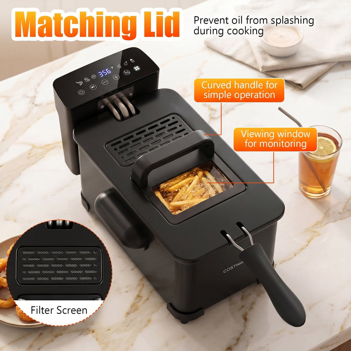 3.2-Qt Electric Deep Fryer with 1700W LED Touch Screen and Enamel Oil Tank-Black view 8