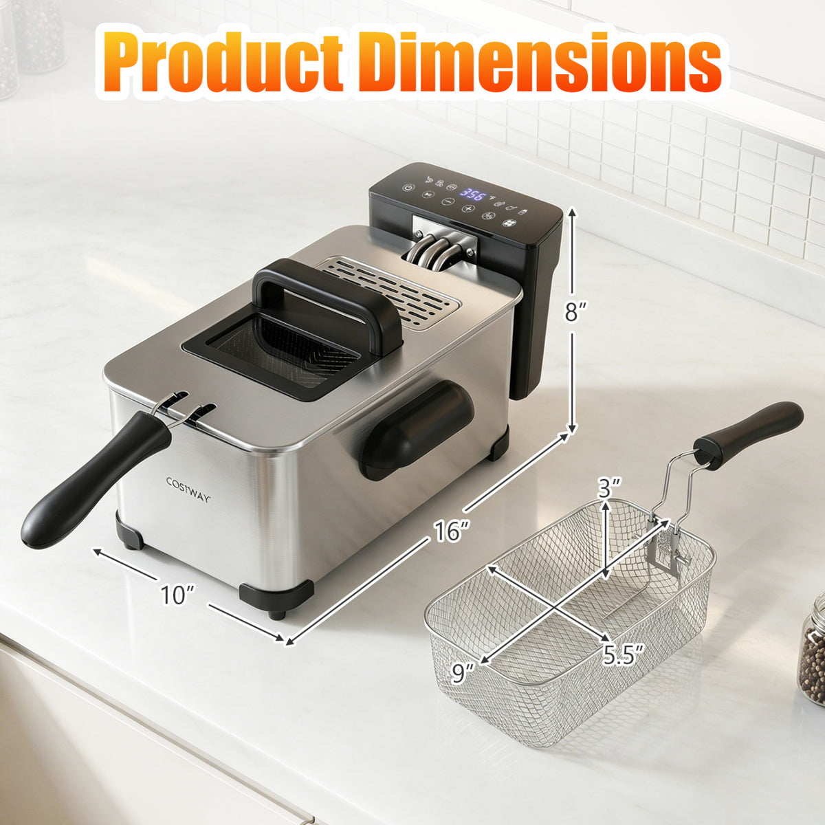 3.2-Qt Electric Deep Fryer with 1700W LED Touch Screen and Enamel Oil Tank-Silver view 3