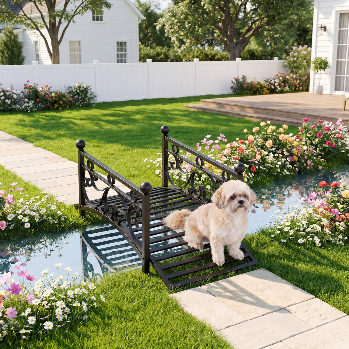 3.3 ft Garden Metal Bridge with Dual Patterned Side Rails view 2