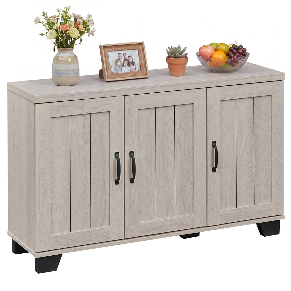 3-Door Buffet Sideboard with Adjustable Shelves and Anti-Tipping Kits-White Wash