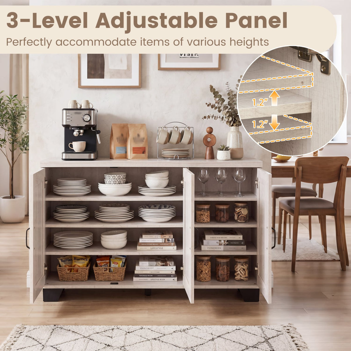 3-Door Buffet Sideboard with Adjustable Shelves and Anti-Tipping Kits-White Wash view 7