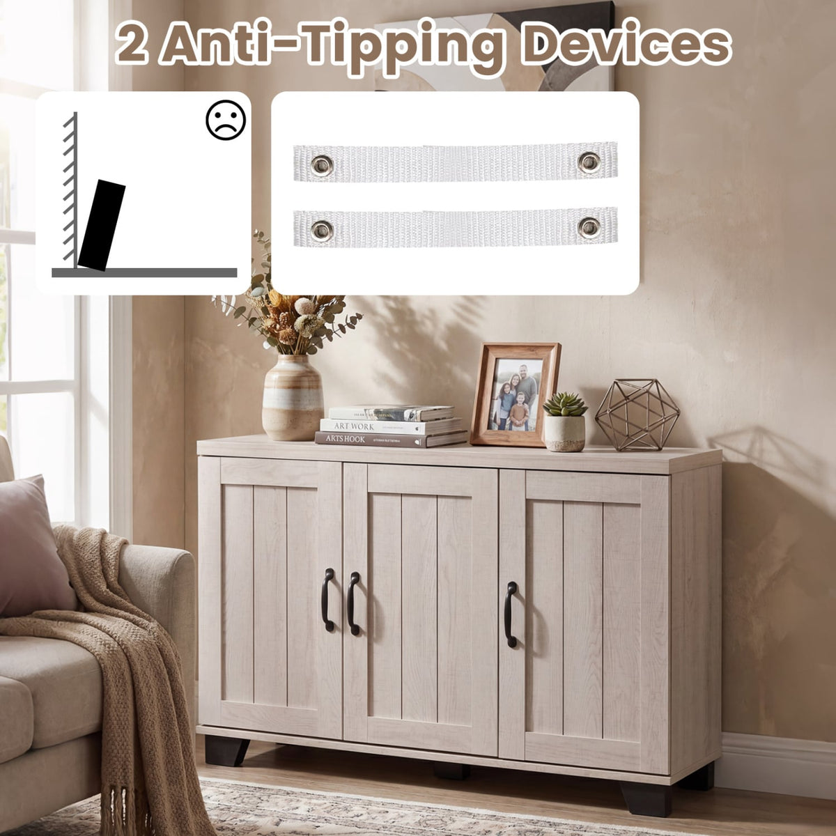 3-Door Buffet Sideboard with Adjustable Shelves and Anti-Tipping Kits-White Wash view 8
