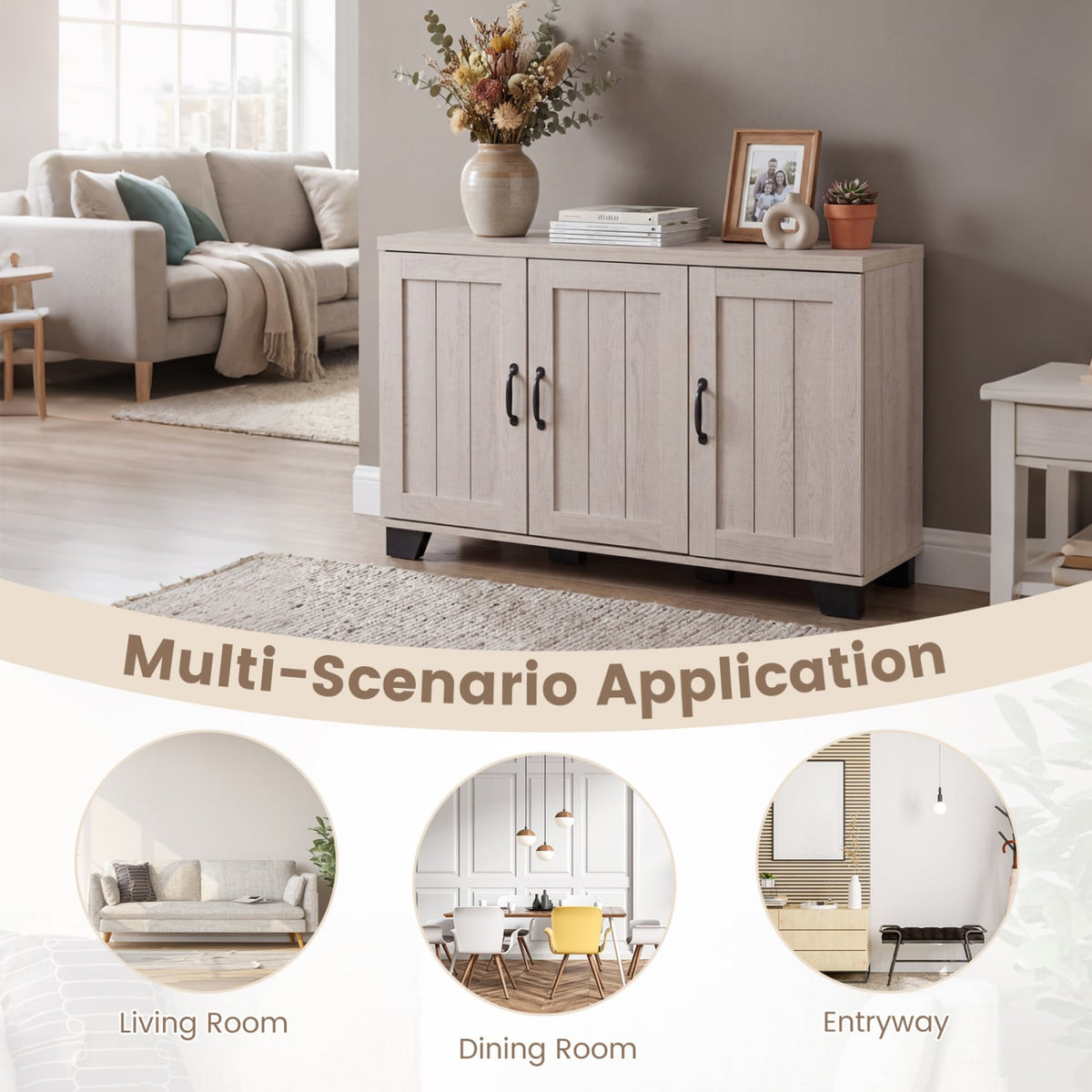 3-Door Buffet Sideboard with Adjustable Shelves and Anti-Tipping Kits-White Wash view 9