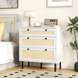 3-Drawer Rattan Nightstand Boho Chest of Drawers for Bedroom-White view 3