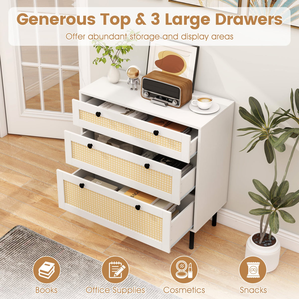 3-Drawer Rattan Nightstand Boho Chest of Drawers for Bedroom-White view 7