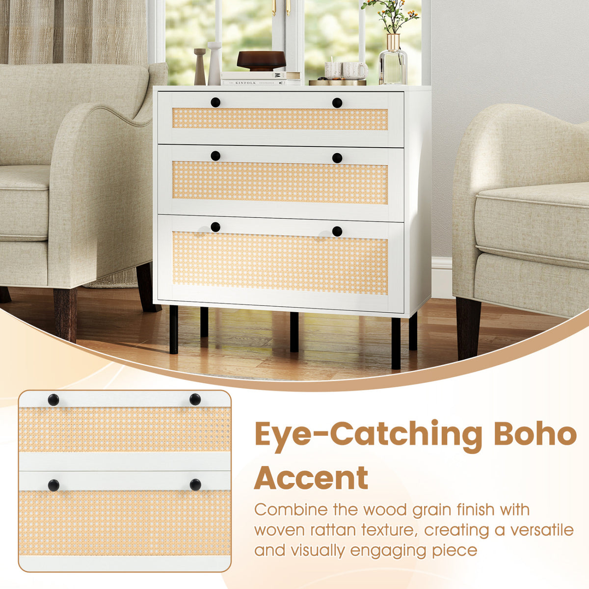 3-Drawer Rattan Nightstand Boho Chest of Drawers for Bedroom-White view 8