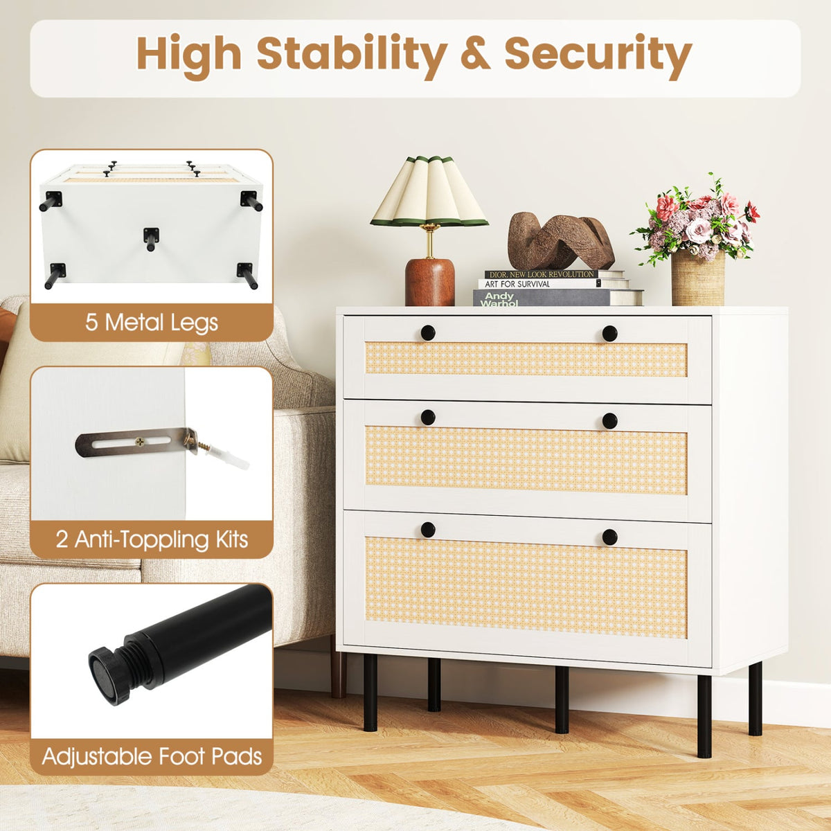 3-Drawer Rattan Nightstand Boho Chest of Drawers for Bedroom-White view 9