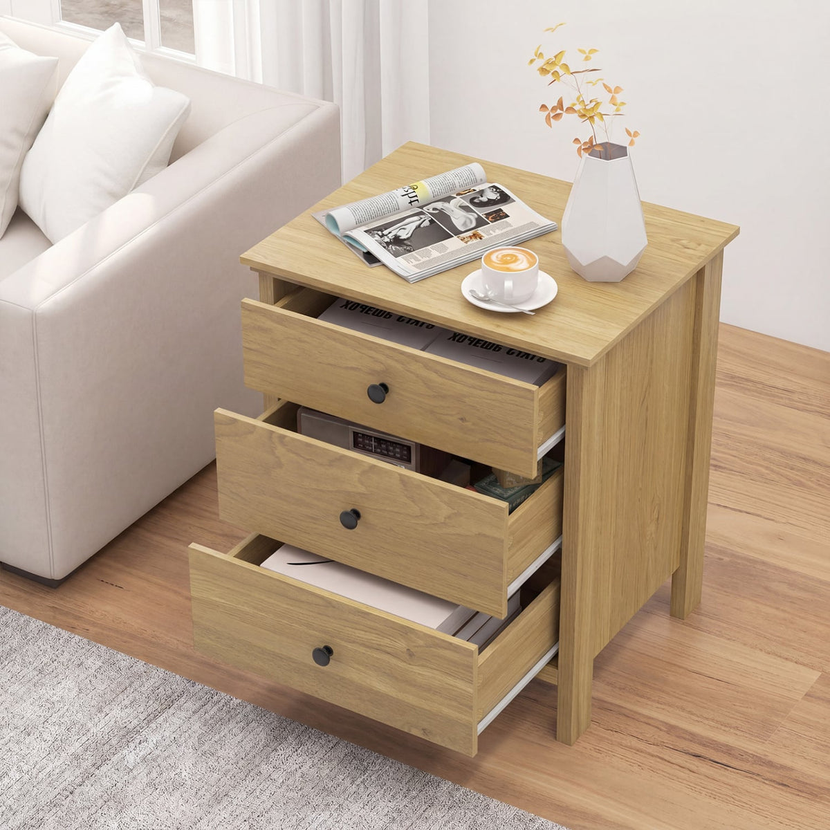 3-Drawer Wooden Nightstand Modern Bedside Table-Natural view 2