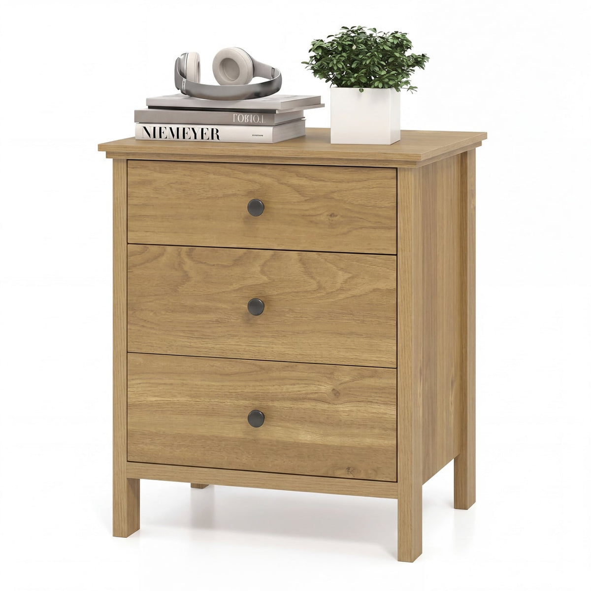 3-Drawer Wooden Nightstand Modern Bedside Table-Natural view 4