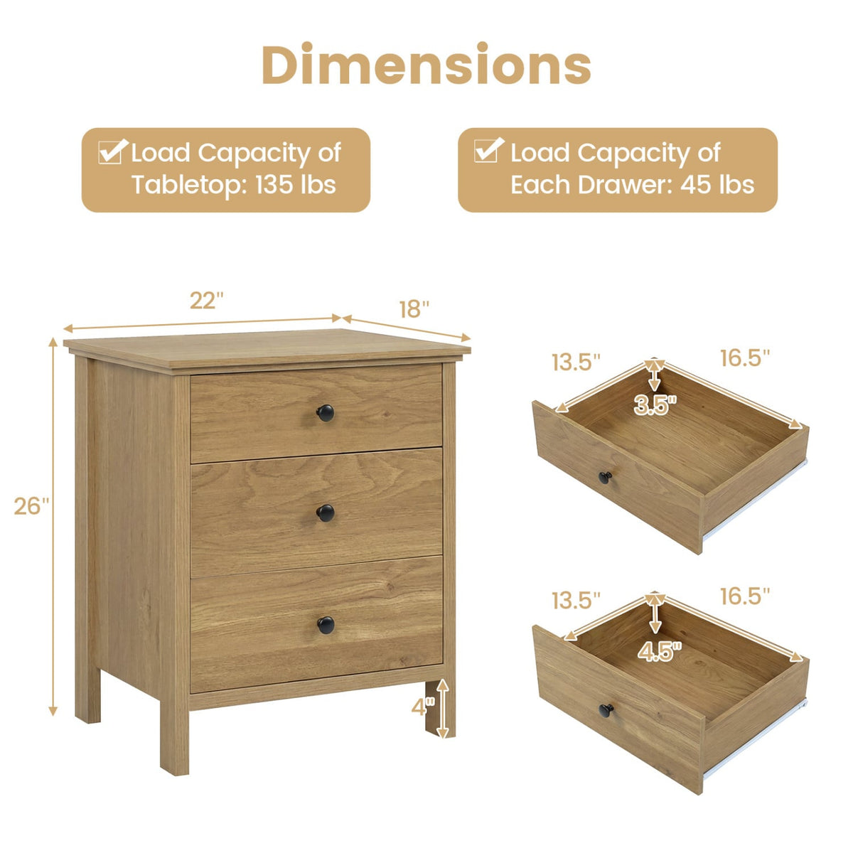3-Drawer Wooden Nightstand Modern Bedside Table-Natural view 5
