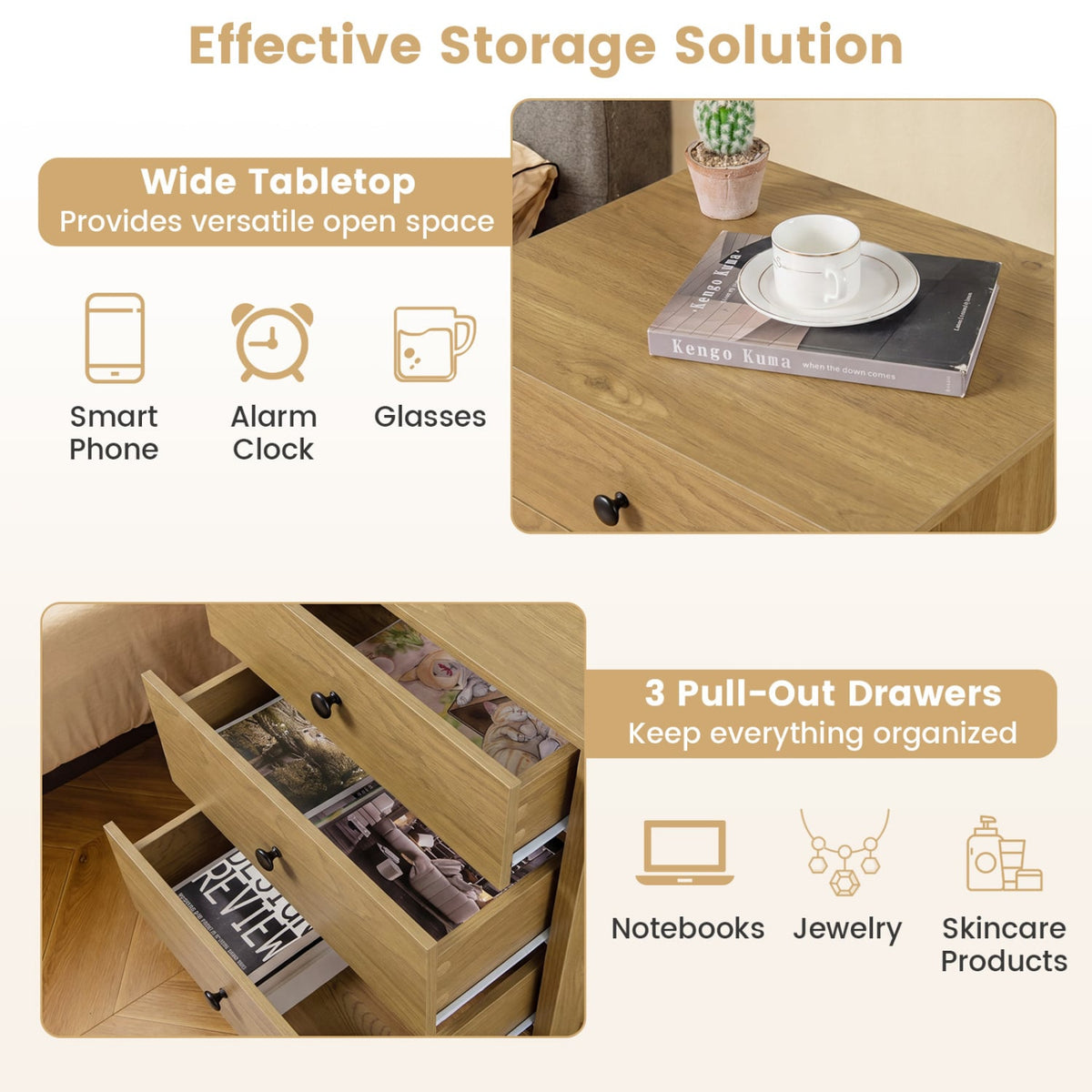 3-Drawer Wooden Nightstand Modern Bedside Table-Natural view 7