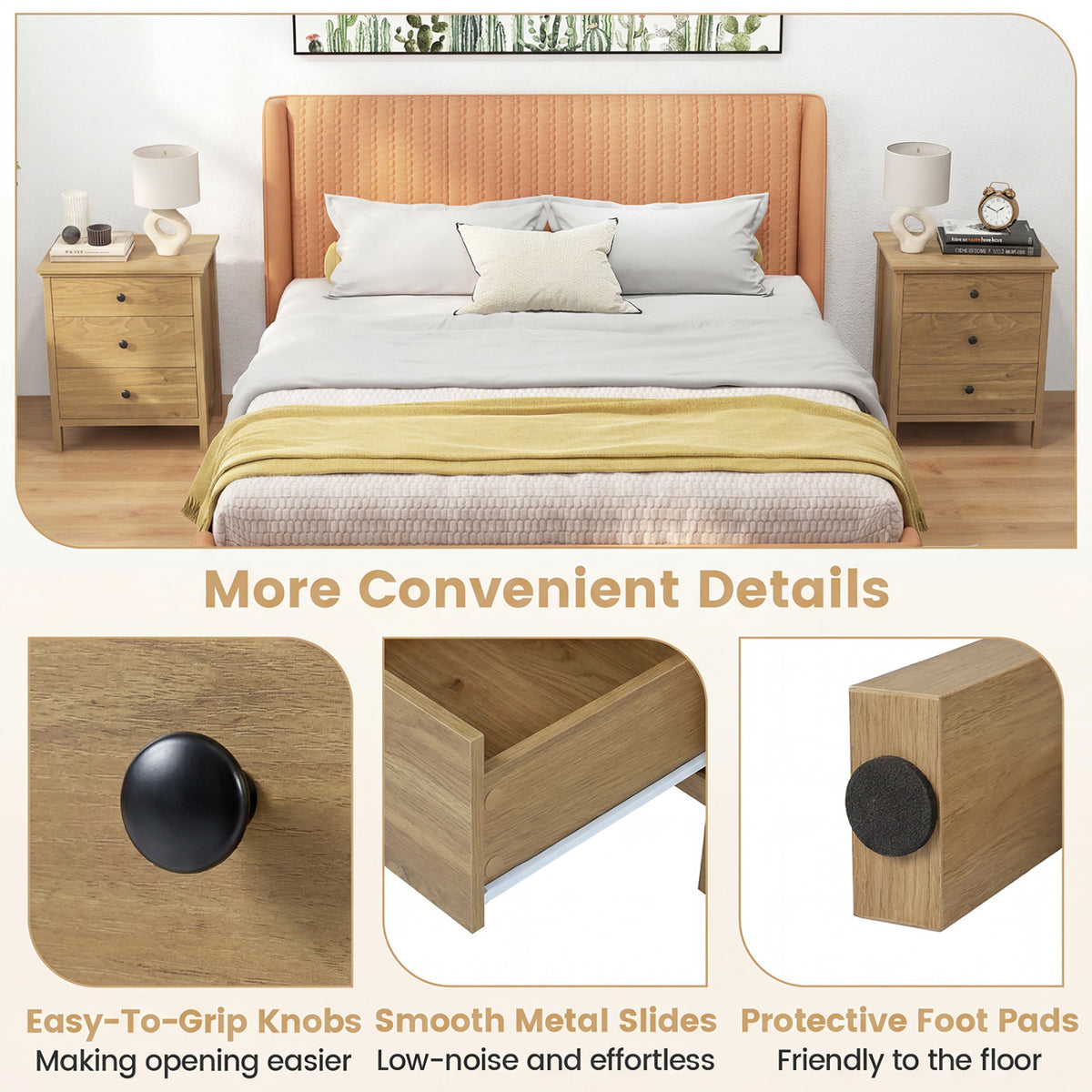3-Drawer Wooden Nightstand Modern Bedside Table-Natural view 8
