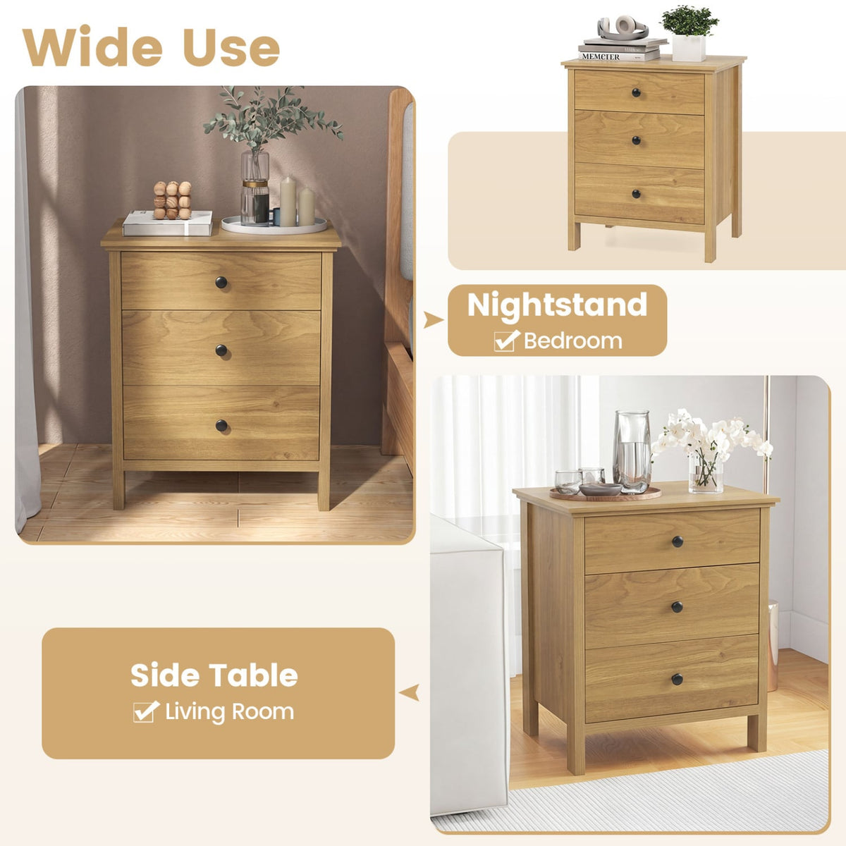 3-Drawer Wooden Nightstand Modern Bedside Table-Natural view 9
