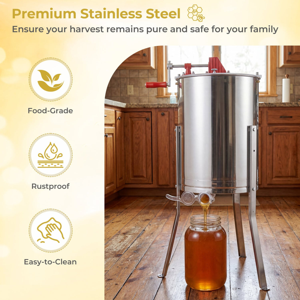 3 Frame Manual Honey Extractor with Bottom Gravity Flow Gate and Clear Lid for Home Apiary view 9