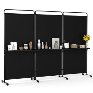 3-Panel Room Divider with Shelves 6 FT Tall Folding Privacy Screen with Lockable Wheels-Black
