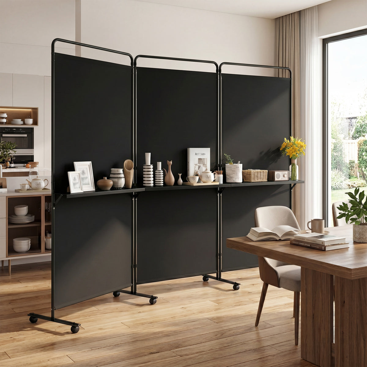 3-Panel Room Divider with Shelves 6 FT Tall Folding Privacy Screen with Lockable Wheels-Black view 3
