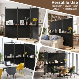 3-Panel Room Divider with Shelves 6 FT Tall Folding Privacy Screen with Lockable Wheels-Black view 6