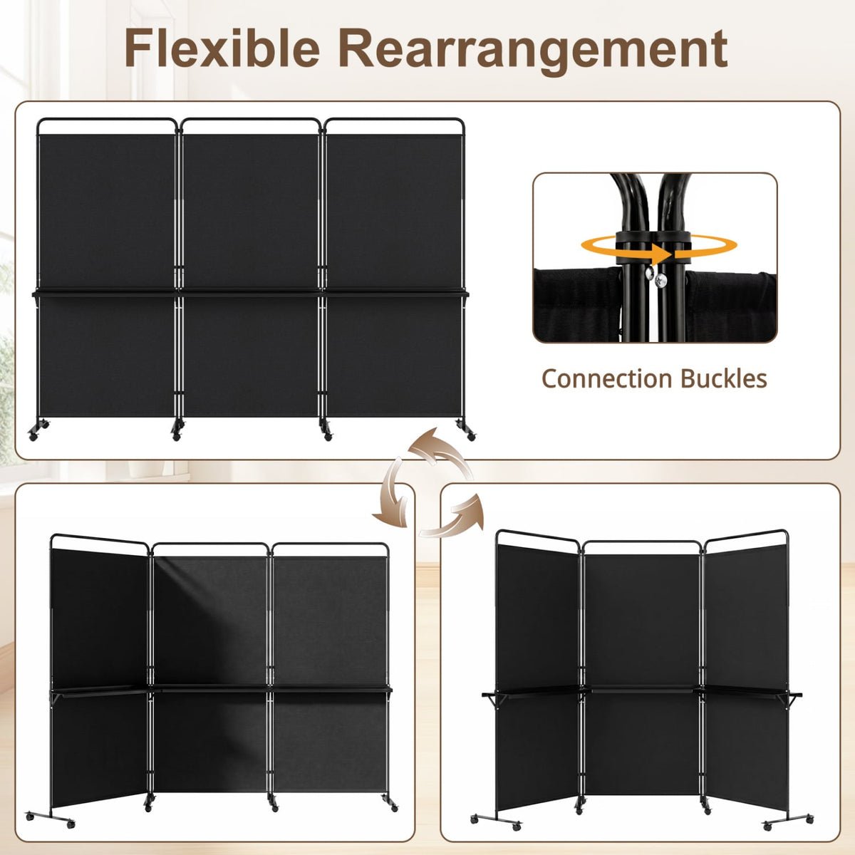 3-Panel Room Divider with Shelves 6 FT Tall Folding Privacy Screen with Lockable Wheels-Black view 8