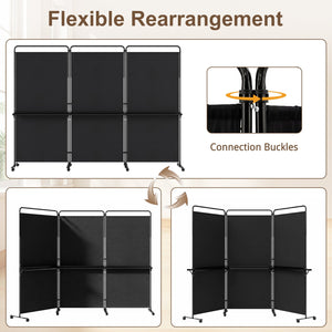 3-Panel Room Divider with Shelves 6 FT Tall Folding Privacy Screen with Lockable Wheels-Black view 8