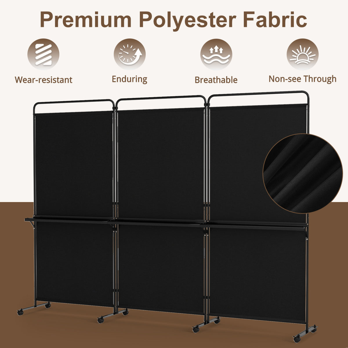 3-Panel Room Divider with Shelves 6 FT Tall Folding Privacy Screen with Lockable Wheels-Black view 9