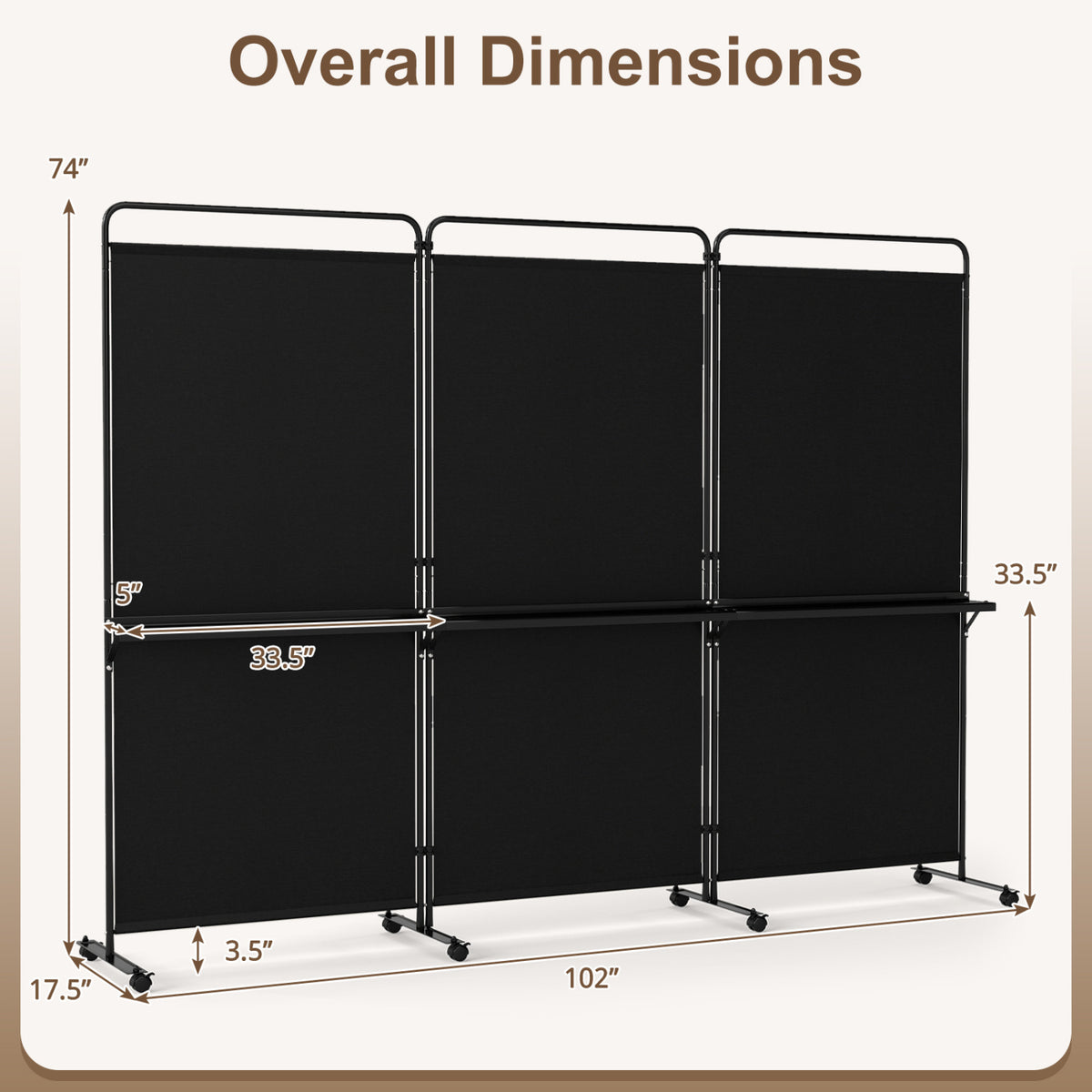 3-Panel Room Divider with Shelves 6 FT Tall Folding Privacy Screen with Lockable Wheels-Black view 5