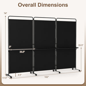 3-Panel Room Divider with Shelves 6 FT Tall Folding Privacy Screen with Lockable Wheels-Black view 5