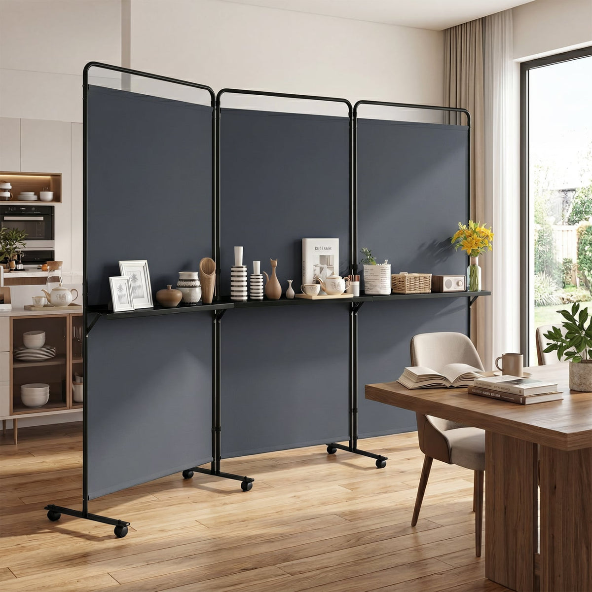 3-Panel Room Divider with Shelves 6 FT Tall Folding Privacy Screen with Lockable Wheels-Gray view 3