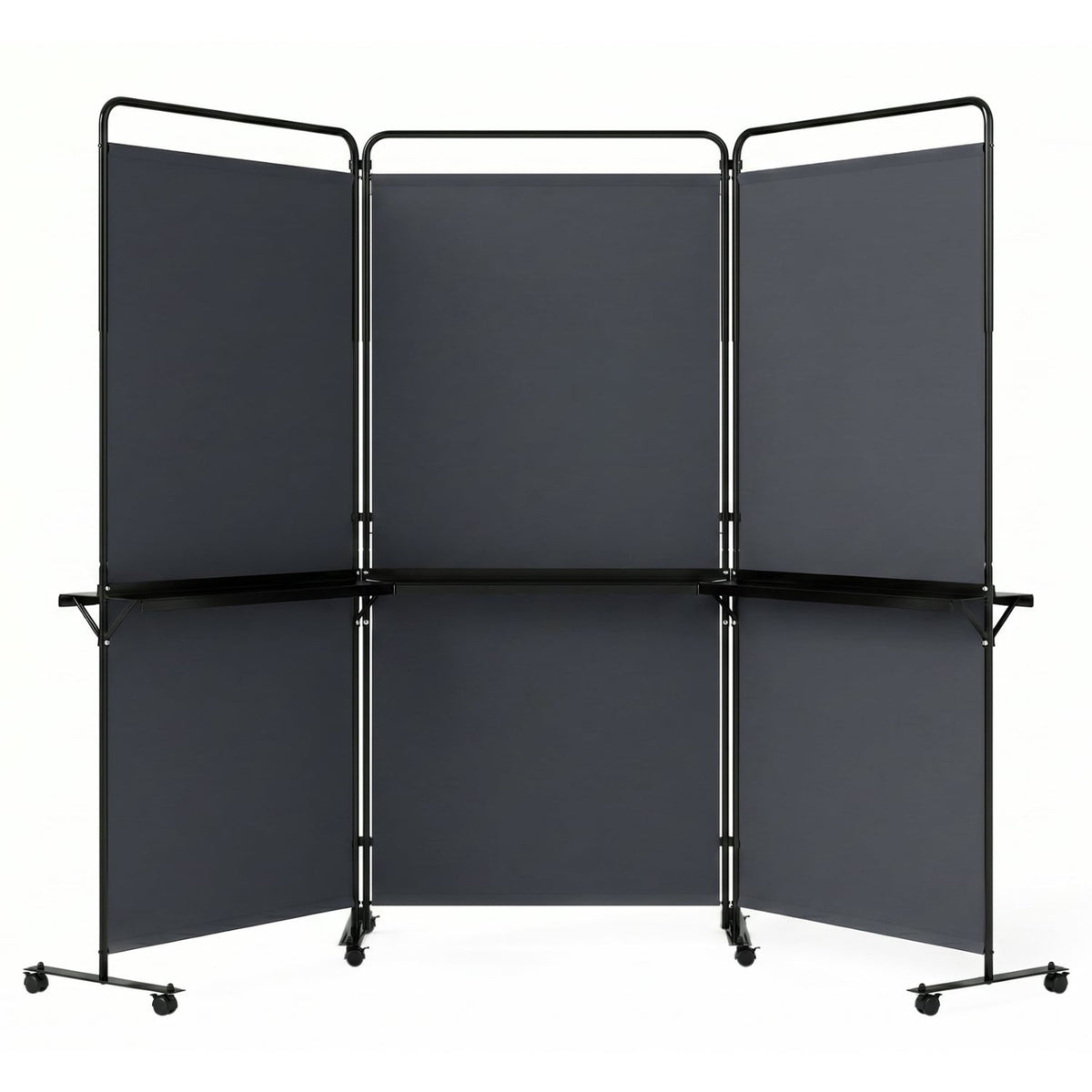3-Panel Room Divider with Shelves 6 FT Tall Folding Privacy Screen with Lockable Wheels-Gray view 4