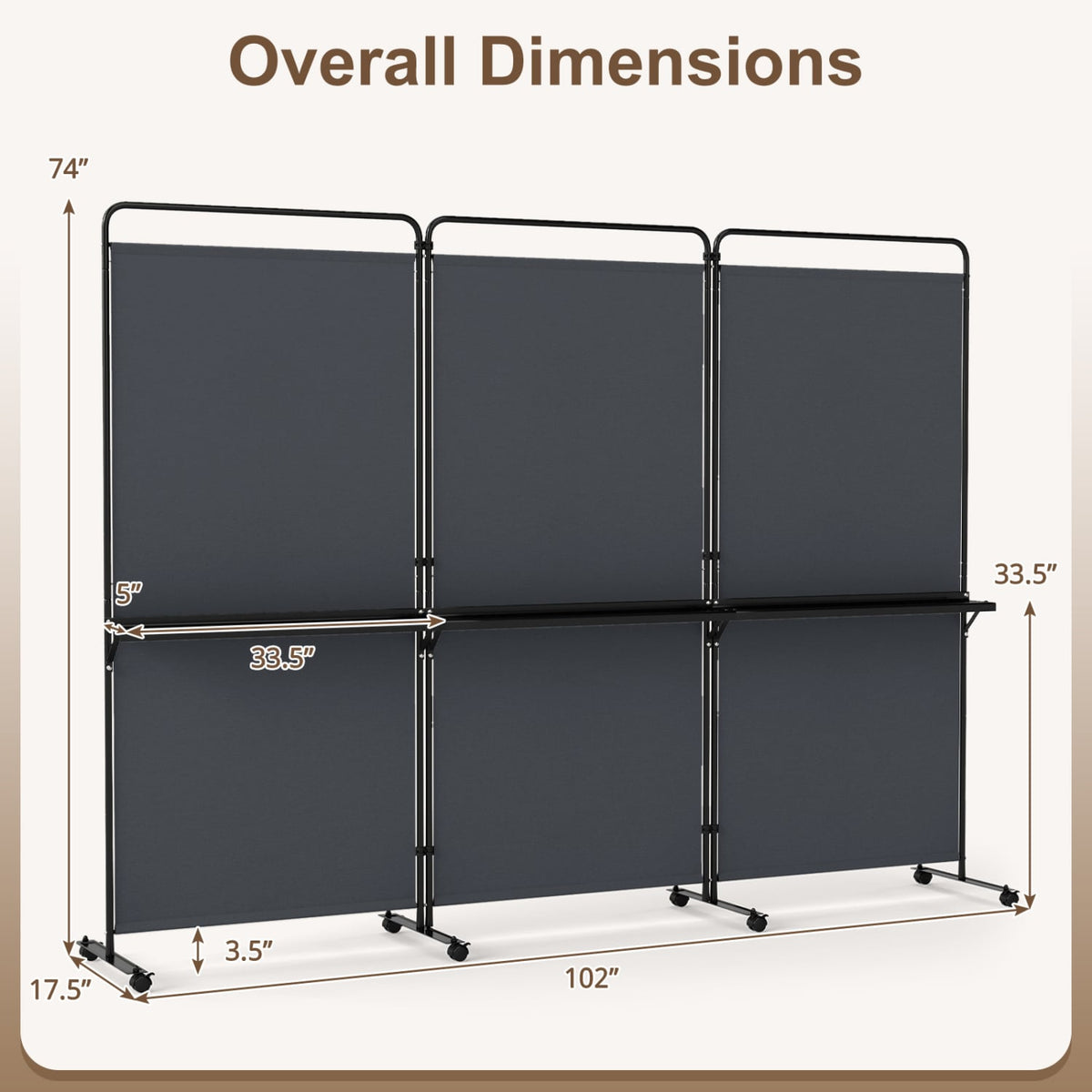 3-Panel Room Divider with Shelves 6 FT Tall Folding Privacy Screen with Lockable Wheels-Gray view 5